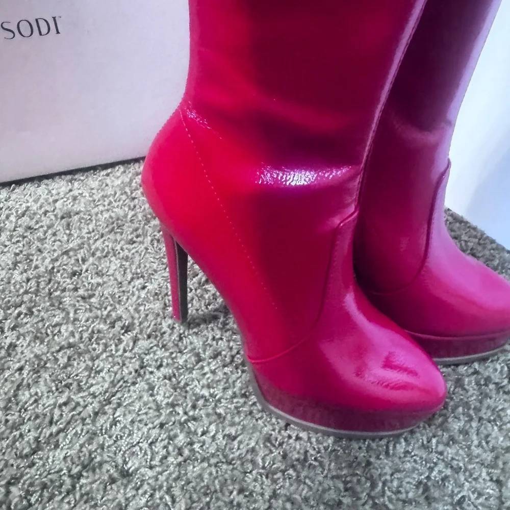 Thalia Sodi Silena Red Patent Thigh High Platform Boots Stiletto Heel 6M Baddie